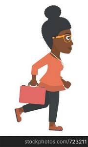 An african-american business woman walking with a briefcase vector flat design illustration isolated on white background.. Business woman walking with briefcase.
