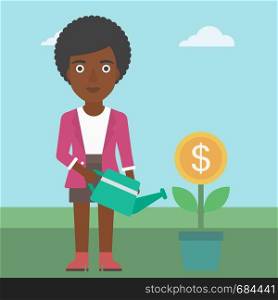 An african-american business woman watering a money flower. Successful business concept. Vector flat design illustration. Square layout.. Business woman watering money flower.