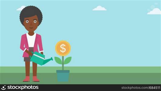 An african-american business woman watering a money flower. Successful business concept. Vector flat design illustration. Horizontal layout.. Business woman watering money flower.