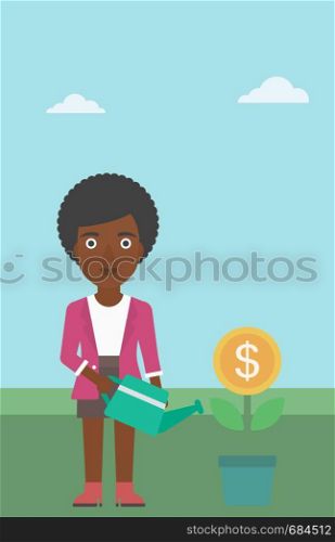 An african-american business woman watering a money flower. Successful business concept. Vector flat design illustration. Vertical layout.. Business woman watering money flower.