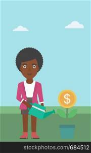 An african-american business woman watering a money flower. Successful business concept. Vector flat design illustration. Vertical layout.. Business woman watering money flower.