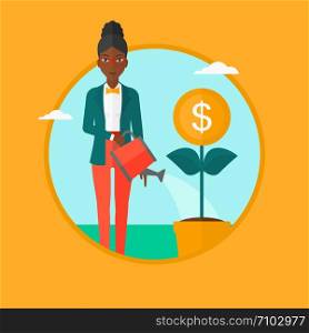 An african-american business woman watering a money flower. Woman taking care of her finances. Concept of successful business. Vector flat design illustration in the circle isolated on background.. Woman watering money flower vector illustration.