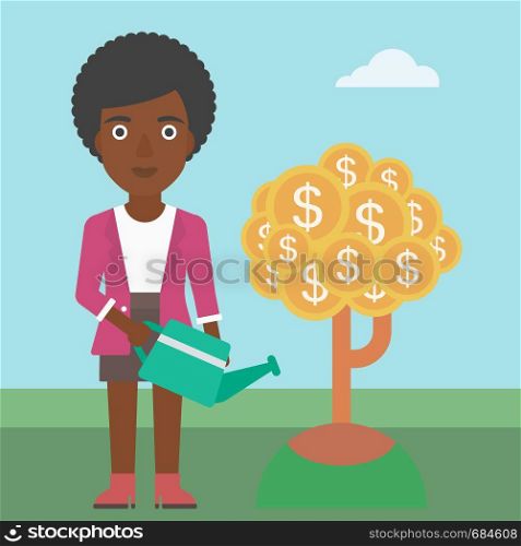 An african-american business woman watering a money tree. Successful business concept. Vector flat design illustration. Square layout.. Woman watering money tree vector illustration.
