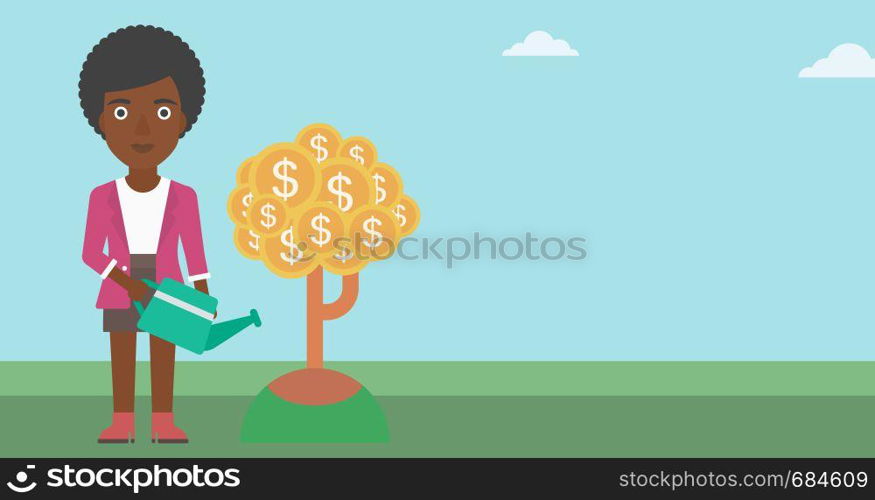 An african-american business woman watering a money tree. Successful business concept. Vector flat design illustration. Horizontal layout.. Woman watering money tree vector illustration.