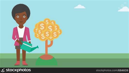 An african-american business woman watering a money tree. Successful business concept. Vector flat design illustration. Horizontal layout.. Woman watering money tree vector illustration.