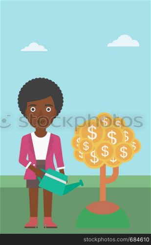 An african-american business woman watering a money tree. Successful business concept. Vector flat design illustration. Vertical layout.. Woman watering money tree vector illustration.