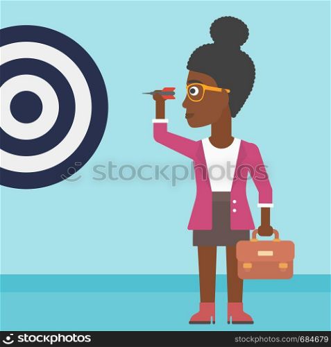 An african-american business woman with a briefcase aiming at a target board. Vector flat design illustration. Square layout.. Businesswoman and target board vector illustration
