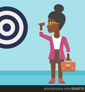 An african-american business woman with a briefcase aiming at a target board. Vector flat design illustration. Square layout.. Businesswoman and target board vector illustration