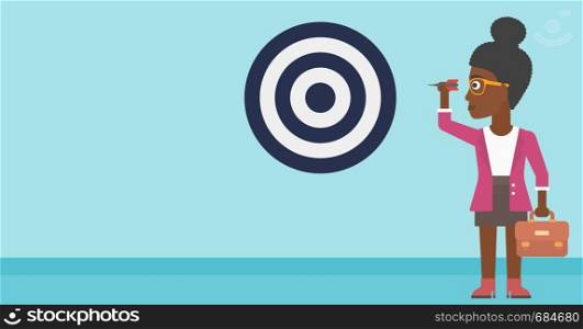 An african-american business woman with a briefcase aiming at a target board. Vector flat design illustration. Horizontal layout.. Businesswoman and target board vector illustration