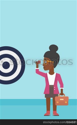 An african-american business woman with a briefcase aiming at a target board. Vector flat design illustration. Vertical layout.. Businesswoman and target board vector illustration