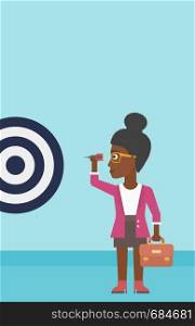 An african-american business woman with a briefcase aiming at a target board. Vector flat design illustration. Vertical layout.. Businesswoman and target board vector illustration