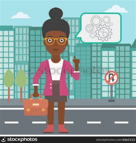 An african-american business woman with a briefcase pointing her forefinger at cogwheels on a city background. Vector flat design illustration. Square layout.. Business woman pointing at cogwheels.
