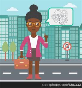 An african-american business woman with a briefcase pointing her forefinger at cogwheels on a city background. Vector flat design illustration. Square layout.. Business woman pointing at cogwheels.