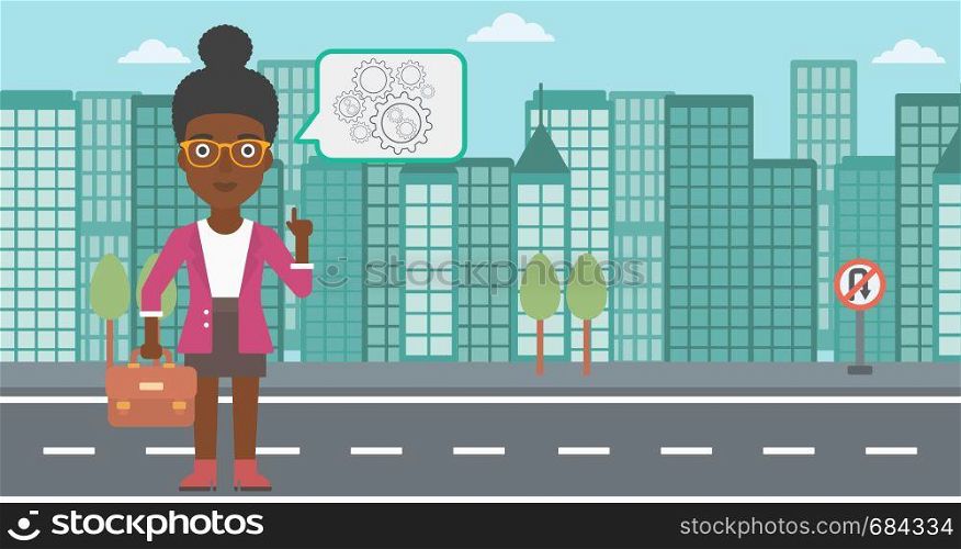 An african-american business woman with a briefcase pointing her forefinger at cogwheels on a city background. Vector flat design illustration. Horizontal layout.. Business woman pointing at cogwheels.