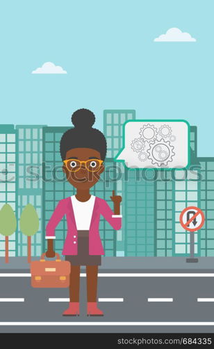 An african-american business woman with a briefcase pointing her forefinger at cogwheels on a city background. Vector flat design illustration. Vertical layout.. Business woman pointing at cogwheels.