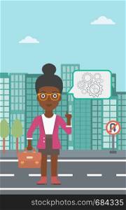 An african-american business woman with a briefcase pointing her forefinger at cogwheels on a city background. Vector flat design illustration. Vertical layout.. Business woman pointing at cogwheels.
