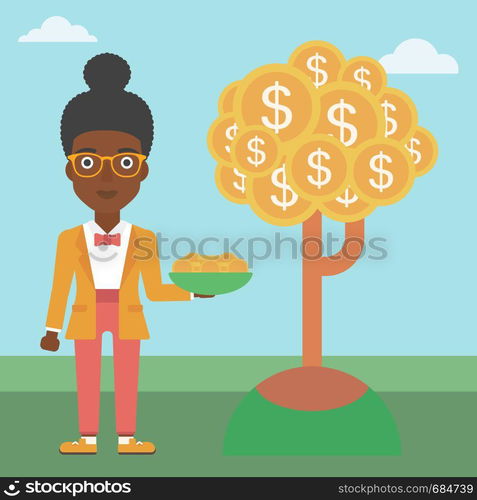 An african-american business woman with basket in hands catching dollar coins from money tree. Successful business concept. Vector flat design illustration. Square layout.. Business woman catching dollar coins.