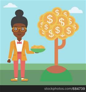 An african-american business woman with basket in hands catching dollar coins from money tree. Successful business concept. Vector flat design illustration. Square layout.. Business woman catching dollar coins.