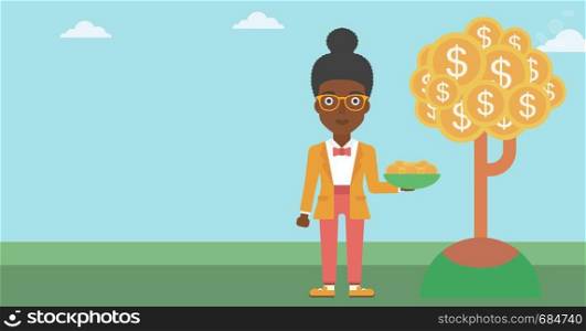 An african-american business woman with basket in hands catching dollar coins from money tree. Successful business concept. Vector flat design illustration. Horizontal layout.. Business woman catching dollar coins.