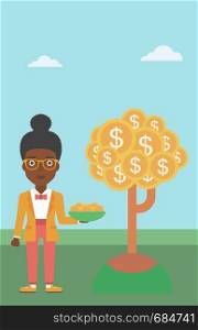 An african-american business woman with basket in hands catching dollar coins from money tree. Successful business concept. Vector flat design illustration. Vertical layout.. Business woman catching dollar coins.