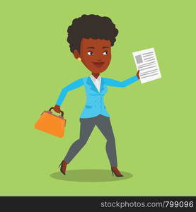 An african-american business woman with briefcase and a document running. Business woman running in a hurry. Cheerful business woman running forward. Vector flat design illustration. Square layout.. Happy business woman running vector illustration.