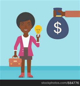 An african-american business woman with briefcase exchanging her idea bulb to money bag. Successful business idea concept. Vector flat design illustration. Square layout.. Successful business idea.