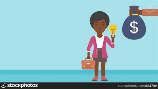 An african-american business woman with briefcase exchanging her idea bulb to money bag. Successful business idea concept. Vector flat design illustration. Horizontal layout.. Successful business idea.