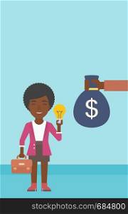 An african-american business woman with briefcase exchanging her idea bulb to money bag. Successful business idea concept. Vector flat design illustration. Vertical layout.. Successful business idea.