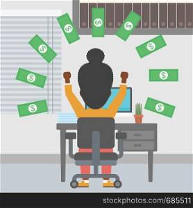 An african-american business woman with raised hands celebrating while sitting at workplace under money rain. Successful business concept. Vector flat design illustration. Square layout.. Successful business woman under money rain.