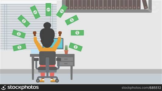 An african-american business woman with raised hands celebrating while sitting at workplace under money rain. Successful business concept. Vector flat design illustration. Horizontal layout.. Successful business woman under money rain.