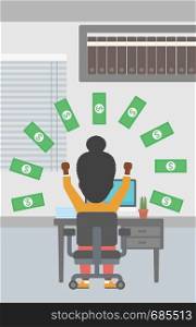 An african-american business woman with raised hands celebrating while sitting at workplace under money rain. Successful business concept. Vector flat design illustration. Vertical layout.. Successful business woman under money rain.