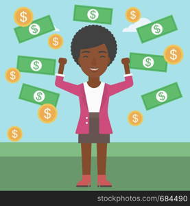 An african-american business woman with raised hands standing under money rain. Successful business concept. Vector flat design illustration. Square layout.. Happy business woman under money rain.