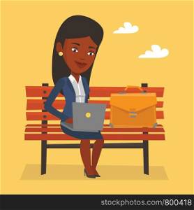 An african-american business woman working outdoor. Business woman working on a laptop. Young business woman sitting on a bench and working on laptop. Vector flat design illustration. Square layout.. Business woman working on laptop outdoor.