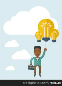 An african-american businessman carrying a briefcase with bulb as balloon to take him fly high. Happy and success concept. A contemporary style with pastel palette soft blue tinted background with desaturated clouds. Vector flat design illustration. Vertical layout.. African-american businessman carrying a briefcase.