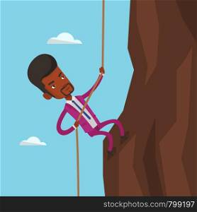 An african-american businessman climbing on the rock. Brave businessman in business suit climbing on mountain using rope. Concept of business challenge. Vector flat design illustration. Square layout. Businessman climbing on the mountain.