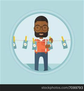 An african-american businessman drying dollar bills on clothesline. Businessman laundering money. Concept of money laundering. Vector flat design illustration in the circle isolated on background.. Businessman laundering money vector illustration.