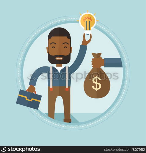 An african-american businessman exchanging his idea bulb to money bag. Young happy man having business idea. Business idea concept. Vector flat design illustration in the circle isolated on background. Successful business idea vector illustration.