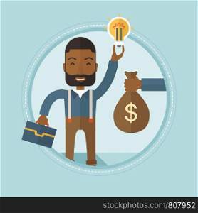 An african-american businessman exchanging his idea bulb to money bag. Young happy man having business idea. Business idea concept. Vector flat design illustration in the circle isolated on background. Successful business idea vector illustration.
