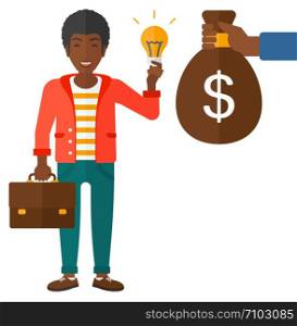 An african-american businessman exchanging his idea bulb to money bag vector flat design illustration isolated on white background. . Successful business idea.