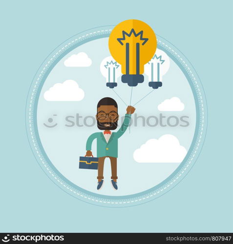 An african-american businessman flying with balloons made of idea bulbs. Man having creative business idea. Business idea concept. Vector flat design illustration in the circle isolated on background.. Young businessman having brilliant business idea.