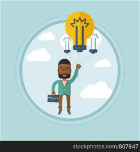 An african-american businessman flying with balloons made of idea bulbs. Man having creative business idea. Business idea concept. Vector flat design illustration in the circle isolated on background.. Young businessman having brilliant business idea.
