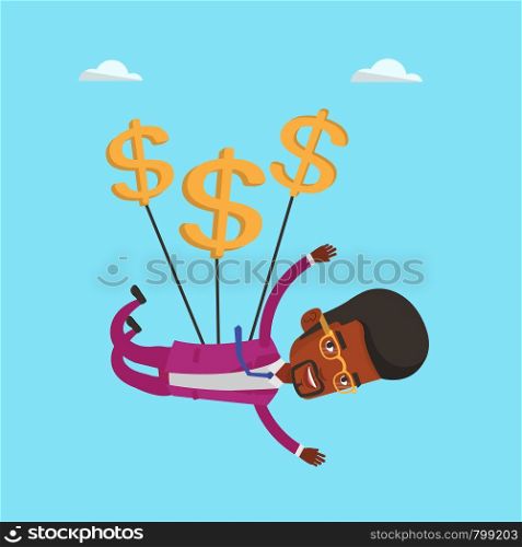 An african-american businessman flying with dollar signs. Businessman gliding in the sky with dollars. Cheerful businessman using dollars as parachute. Vector flat design illustration. Square layout.. Businessman flying with dollar signs.