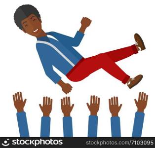 An african-american businessman get thrown into the air by coworkers during celebration vector flat design illustration isolated on white background. . Successful businessman during celebration.