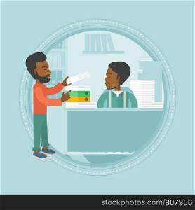 An african-american businessman giving paperwork to employee. Unhappy employee receiving a lot of paperwork from his colleague. Vector flat design illustration in the circle isolated on background.. Employee receiving lot of paperwork.