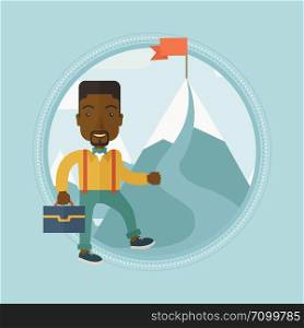 An african-american businessman going to his business goal. Concept of business goal. Man on road leading to mountain with flag. Vector flat design illustration in the circle isolated on background.. Cheerful businessman going to his business goal.