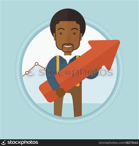 An african-american businessman holding a big red arrow pointing up and representing business growth. Business growth concept. Vector flat design illustration in the circle isolated on background.. Businessman aiming at business growth.