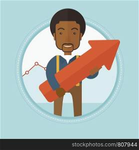 An african-american businessman holding a big red arrow pointing up and representing business growth. Business growth concept. Vector flat design illustration in the circle isolated on background.. Businessman aiming at business growth.