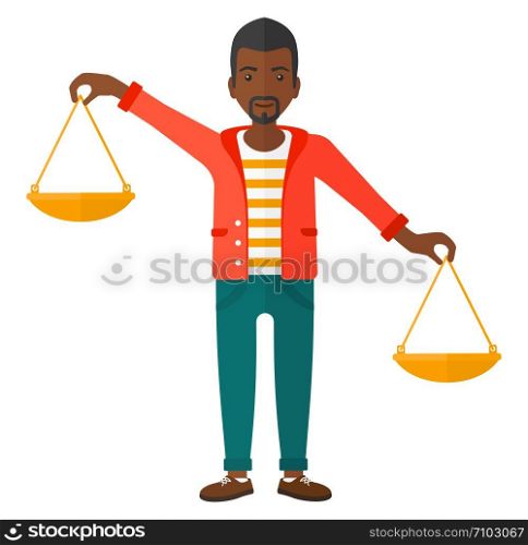 An african-american businessman holding scales in hands vector flat design illustration isolated on white background. . Businessman with scales.