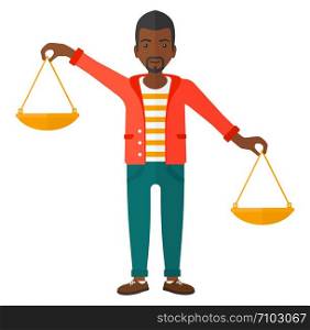 An african-american businessman holding scales in hands vector flat design illustration isolated on white background. . Businessman with scales.