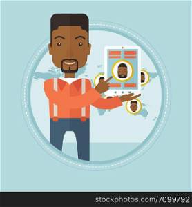An african-american businessman holding tablet computer with social network user profile on a screen. Social network concept. Vector flat design illustration in the circle isolated on background.. Businessman holding tablet with social media.